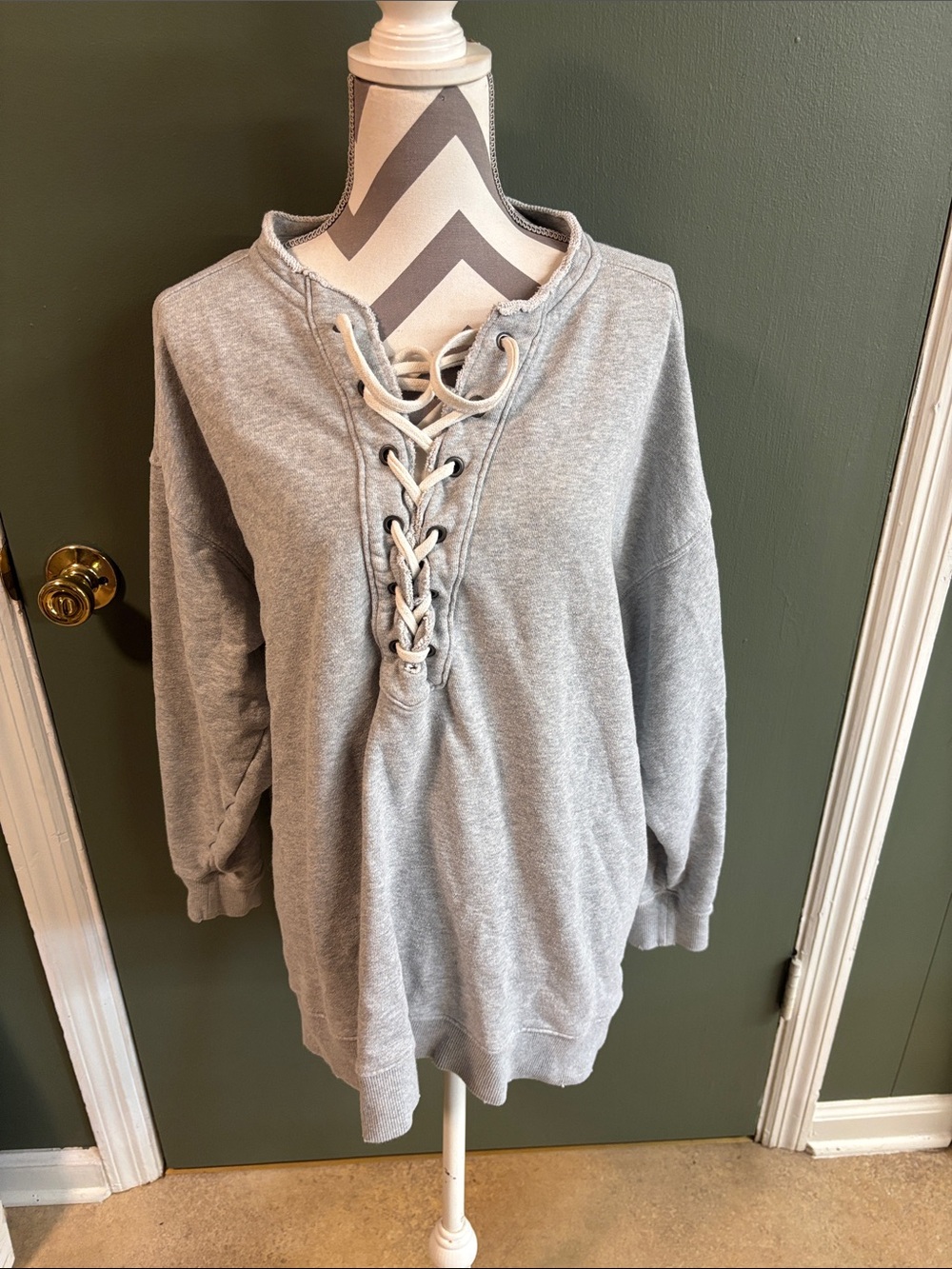 aerie Light Gray Lace-Up Pullover Sweatshirt